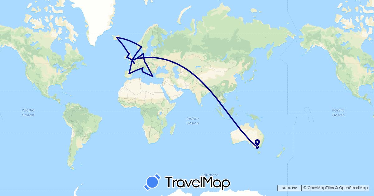TravelMap itinerary: driving in Austria, Australia, Czech Republic, Germany, Denmark, Spain, France, United Kingdom, Greece, Ireland, Iceland, Italy, Netherlands, Norway (Europe, Oceania)